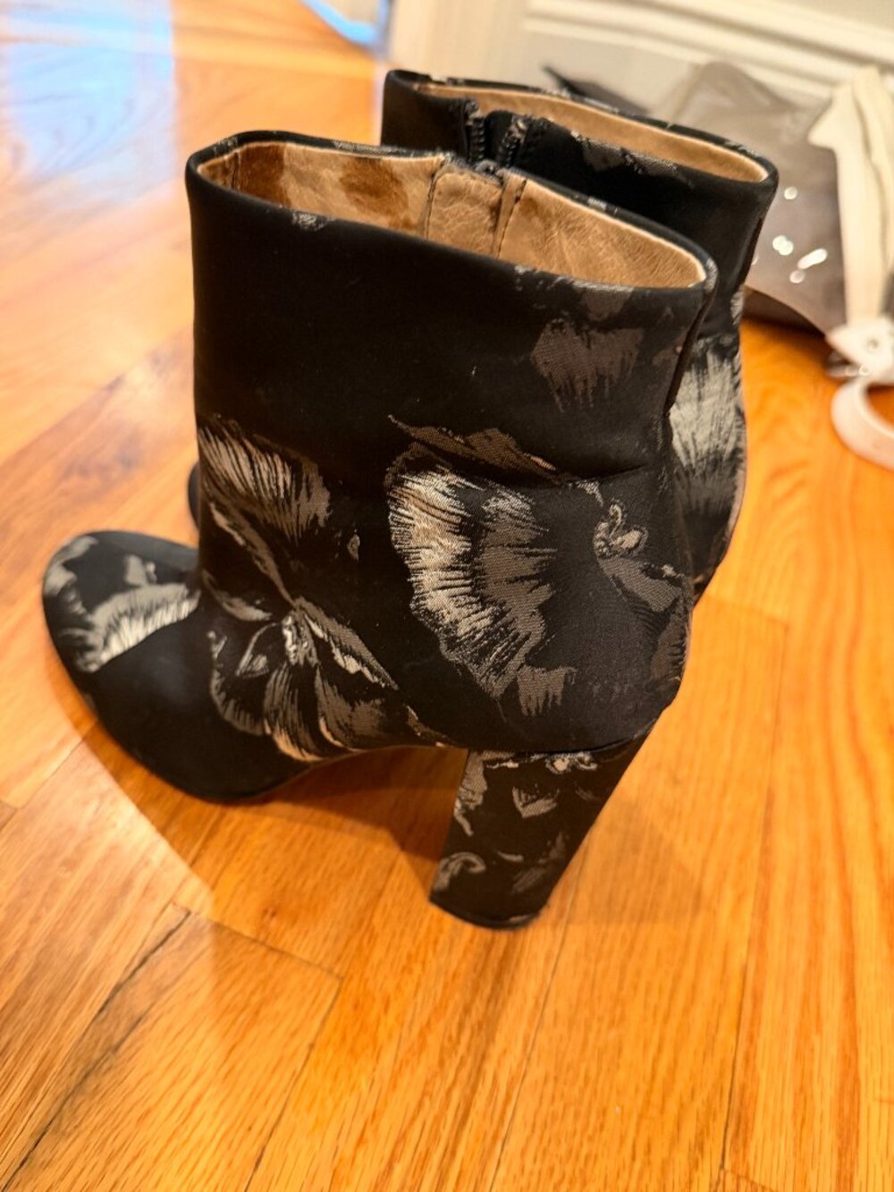 Maiden Lane Asian Inspired Floral Print Heeled Bootie